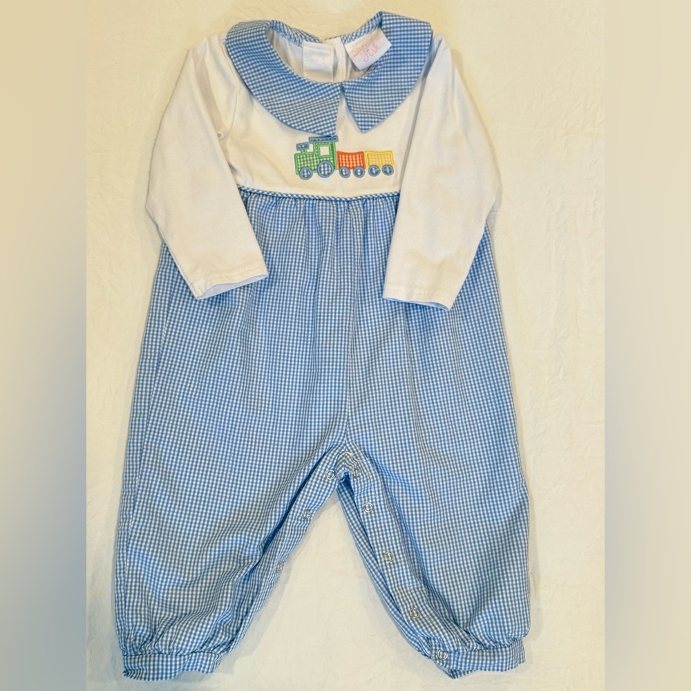 Blue Gingham Baby One-Piece with Train Applique